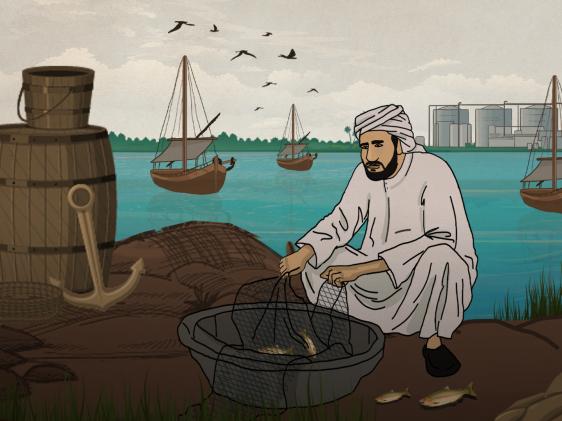 An illustration showing a Bahraini fisherman on the shores of the Arabian Gulf, tending to his fishing net.