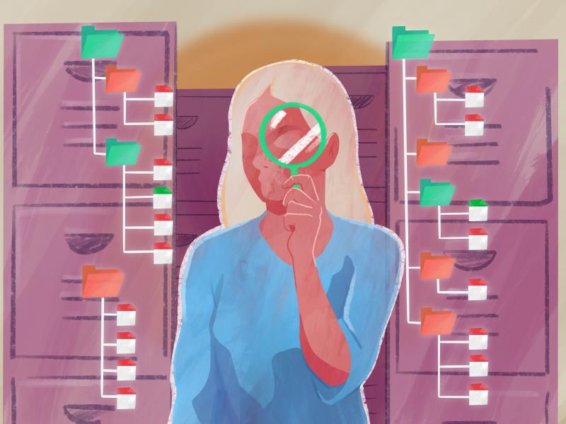 Ilustración de mujer con una lupa frente a un archivo