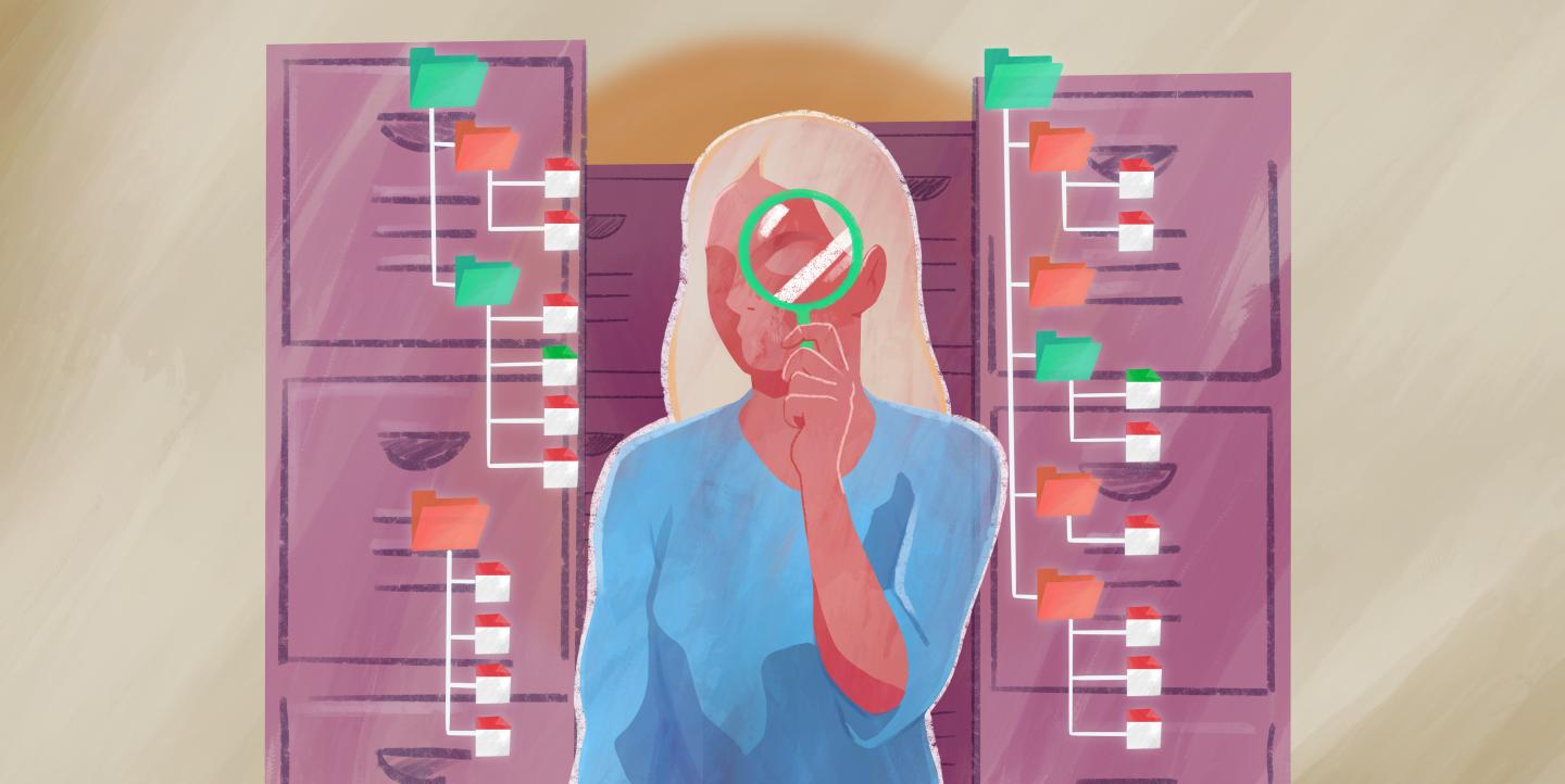 Ilustración de mujer con una lupa frente a un archivo