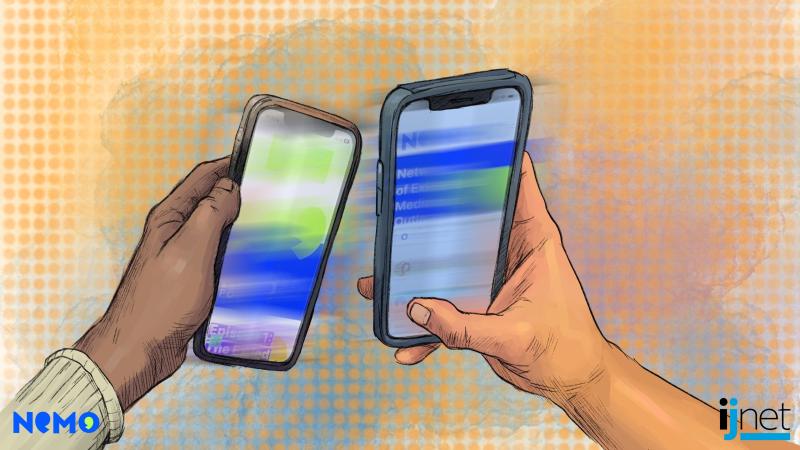 Two phones side by side, one sending a story to the other phone