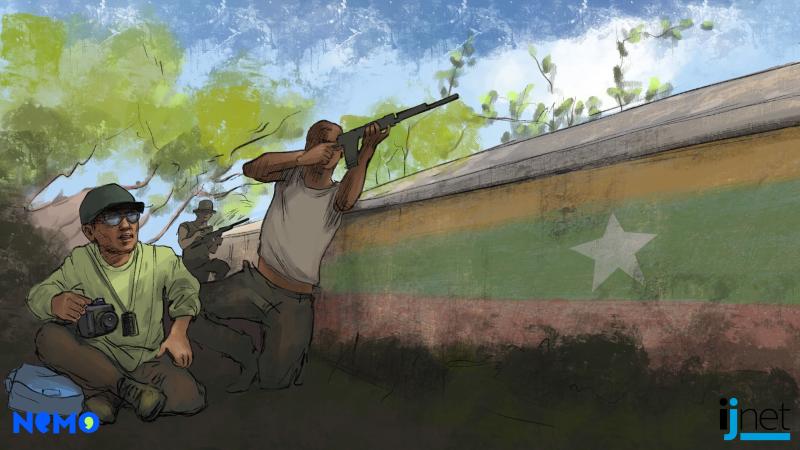 Reporter beside a person firing over a wall with the Myanmar flag on it