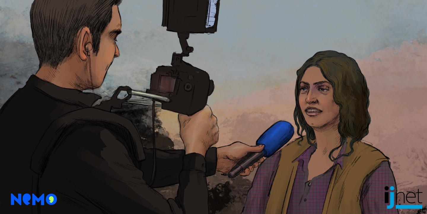 Graphic of a man with a camera interviewing a woman