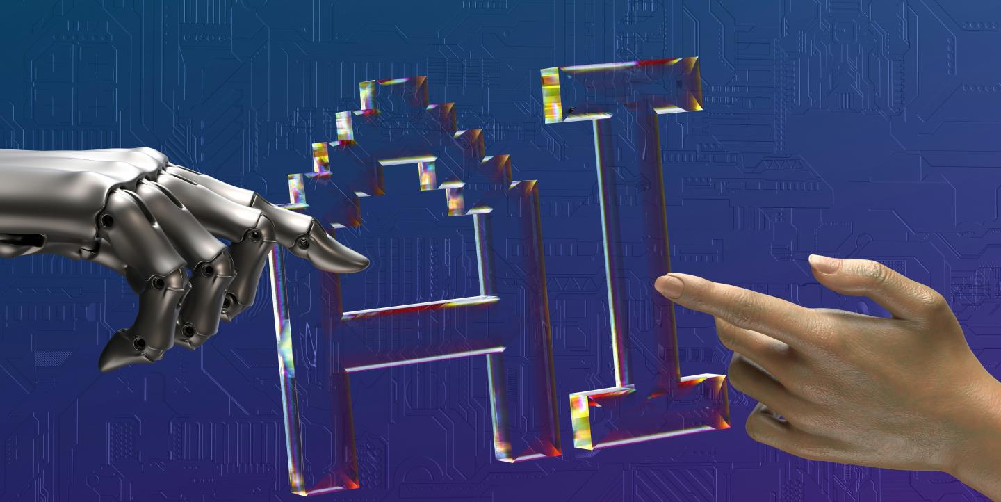A robot hand and a human hand trying to touch each other with "AI" in the middle