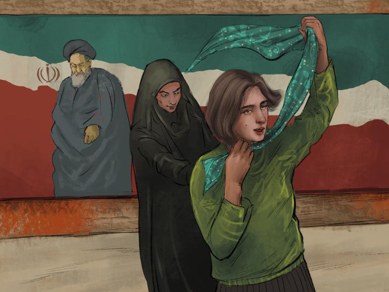 Morality police in Iran leading a woman away who is taking off a headscarf