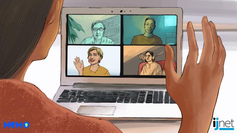 Woman waving at four people on a webcam