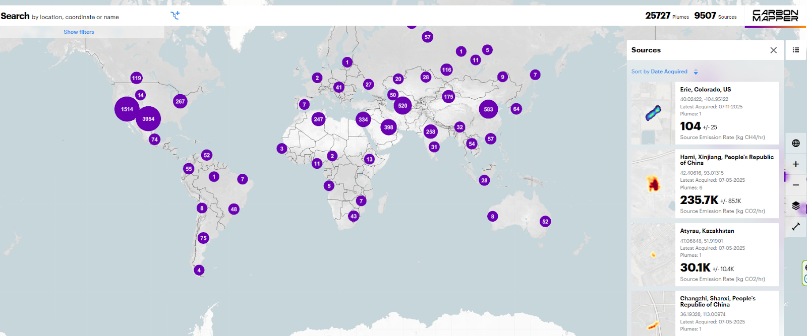A map that shows major methane plumes around the globe.