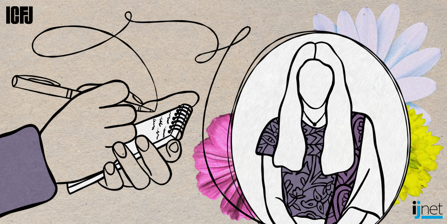 Drawing of a woman in front of flowers and a person writing on a notepad